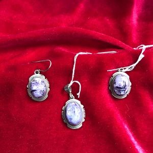 Charoite earrings and pendant set.  Sterling silver